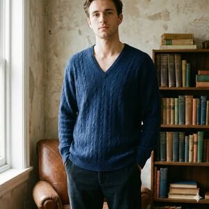 Vintage Ballantyne Cashmere Sweater Mens Large Navy Blue Cable Knit V-Neck